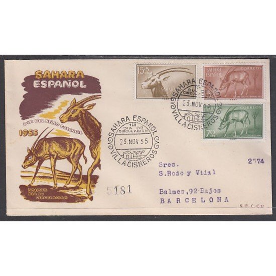 SAHARA 123/25 1955 Día del Sello Fauna SPD Sobre Primer día SAHARA 123/25 1955 Día del Sello Fauna SPD Sobre Primer día