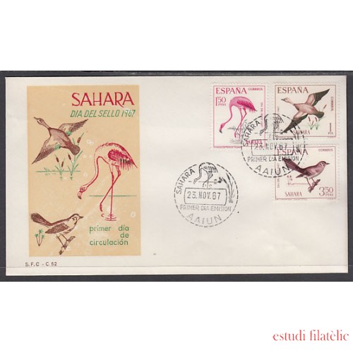 SAHARA 262/64  1967  Día del Sello Fauna (aves). Bird SPD Sobre Primer día