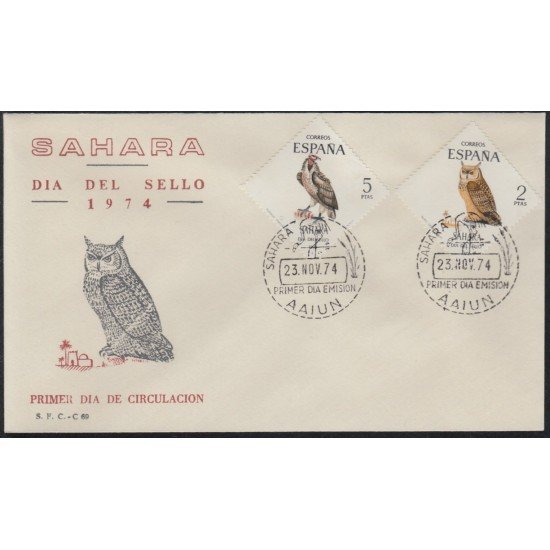 SAHARA 317/18 1974 Día del Sello Fauna Buho - Buitre SPD Sobre Primer día SAHARA 317/18 1974 Día del Sello Fauna Buho - Buitre SPD Sobre Primer día