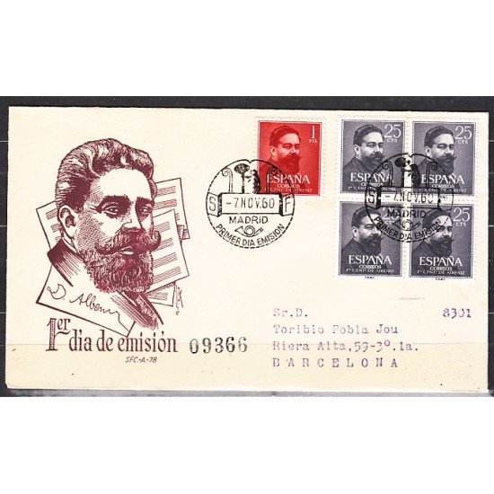 España Spain 1320/21 1960 100º Aniversario de Isaac Albeniz SPD Sobre Primer Día España Spain 1320/21 1960 100º Aniversario de Isaac Albeniz SPD Sobre Primer Día