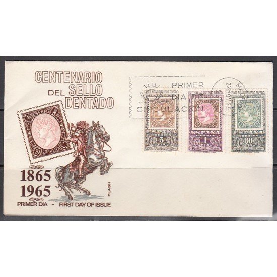 España Spain 1689/91 1965 Centenario del Primer sello dentado SPD Sobre Primer Día España Spain 1689/91 1965 Centenario del Primer sello dentado SPD Sobre Primer Día