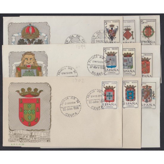 España Spain 1696/04 1966 Escudos de las capitales de provincias españolas y de España SPD Sobres Primer Día España Spain 1696/04 1966 Escudos de las capitales de provincias españolas y de España SPD Sobres Primer Día