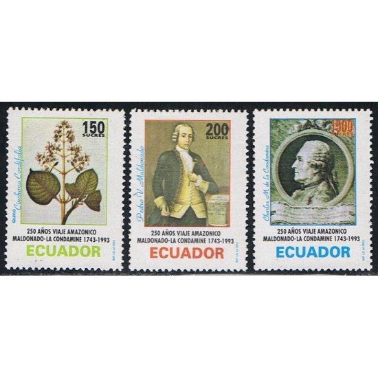 Ecuador 1279/81 1993 250 Aniv Viaje Amazónico Maldonado Condomine Flora MNH Ecuador 1279/81 1993 250 Aniv Viaje Amazónico Maldonado Condomine Flora MNH