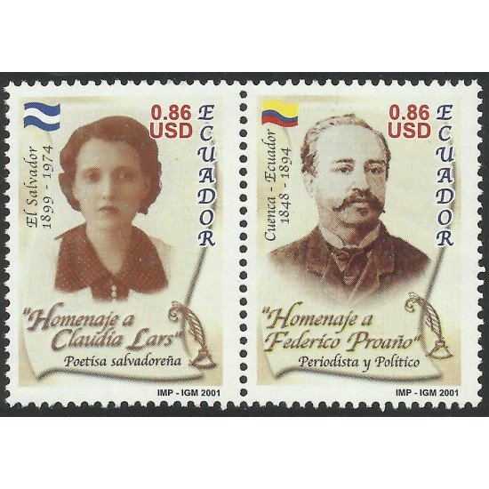 Ecuador 1586/87 2001 Escritores Emisión Conjunta con El Salvador Claudia Lars Ecuador 1586/87 2001 Escritores Emisión Conjunta con El Salvador Claudia Lars