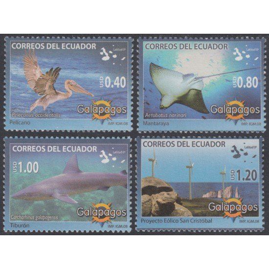 Ecuador 2086/89 2008 Fauna Galápagos Pelicano Raya Carcharhinus MNH Ecuador 2086/89 2008 Fauna Galápagos Pelicano Raya Carcharhinus MNH