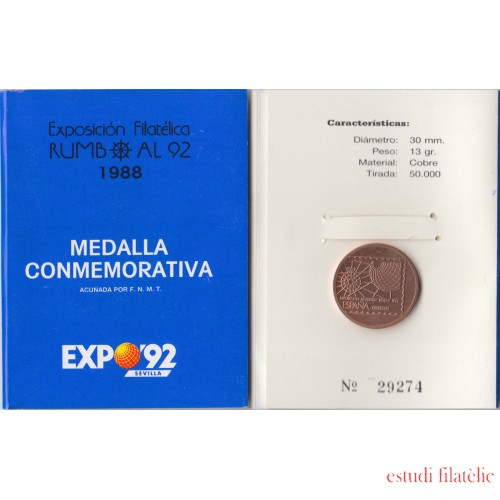 España Spain 1988 Medalla conmemorativa Expo 92 Sevilla Cobre 