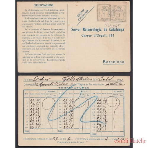 España 1933 Tarjeta Servei Meteoròlogic de Catalunya de Ordino a Andorra 