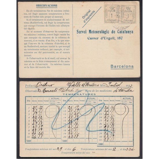 España 1933 Tarjeta Servei Meteoròlogic de Catalunya de Ordino a Andorra España 1933 Tarjeta Servei Meteoròlogic de Catalunya de Ordino a Andorra