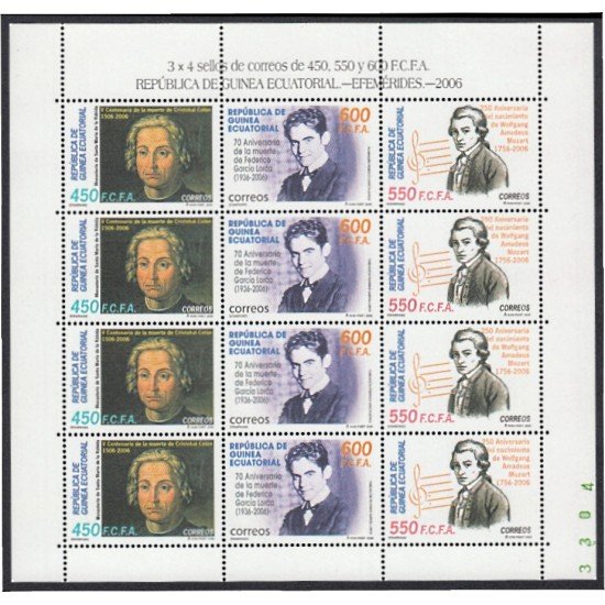 Guinea Ecuatorial 371/73 2006 Minihojita Efemérides Lorca Colon Mozart MNH