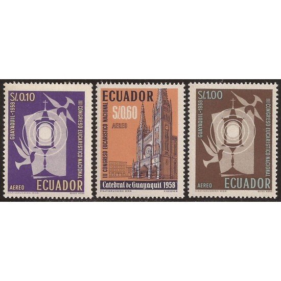 Ecuador A- 324/26 1958 Aéreo 3 Congreso Eucarístico Nacional en Guayaquil MNH Ecuador A- 324/26 1958 Aéreo 3 Congreso Eucarístico Nacional en Guayaquil MNH