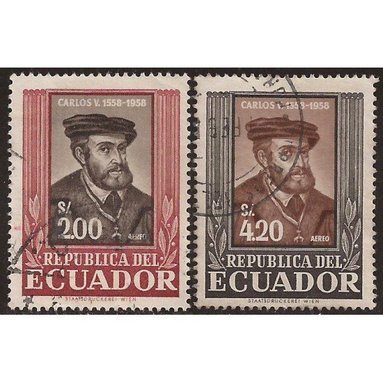 Ecuador A- 334/35 1958 4 Cº de la Muerte de Carlos V Rey Usados Ecuador A- 334/35 1958 4 Cº de la Muerte de Carlos V Rey Usados