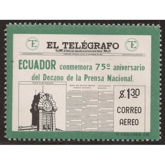 Ecuador A- 342 1959 Aéreo 75 Aniversario Periódico El Telégrafo MNH Ecuador A- 342 1959 Aéreo 75 Aniversario Periódico El Telégrafo MNH