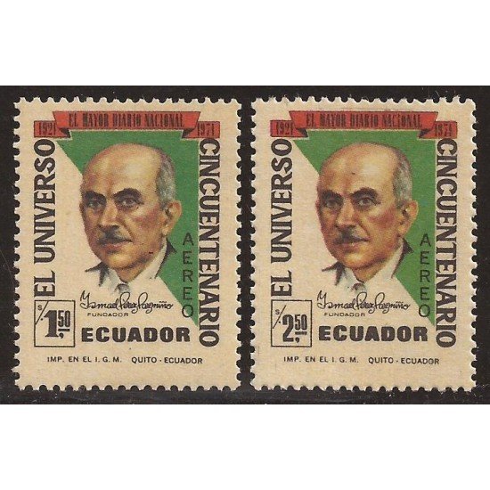 Ecuador A- 528/29 1971 Aéreo 50 Aniversario Periódico El Universo MNH Ecuador A- 528/29 1971 Aéreo 50 Aniversario Periódico El Universo MNH