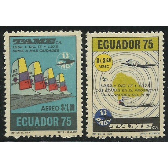 Ecuador A- 606/07 1975 Aéreo Compañía Aérea TAME Avión MNH