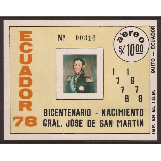 Ecuador Hojita Block 37 1978 Bicentenario General José de San Martin MNH Ecuador Hojita Block 37 1978 Bicentenario General José de San Martin MNH