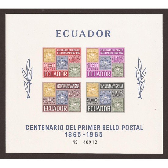 Ecuador Hojita Block 13 1965 Centenario Primer sello Postal MNH Ecuador Hojita Block 13 1965 Centenario Primer sello Postal MNH