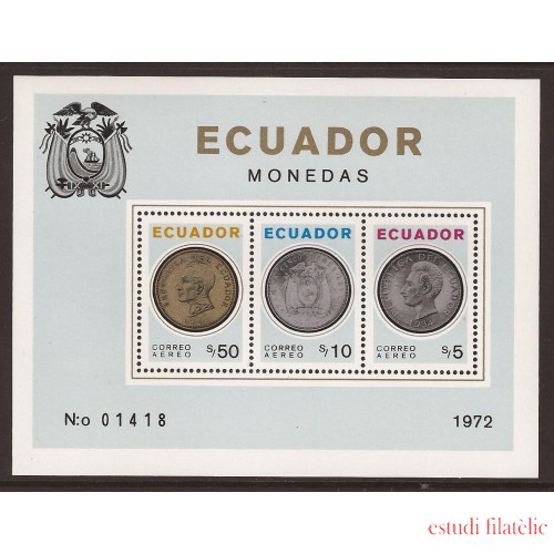 Ecuador Hojita Block 23 1973 Monedas Coins Sin dentar y dentada MNH