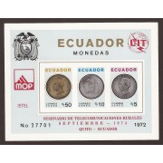 Ecuador Hojita Block 26 1974 Telecomunicaiones rurales UIT MOP Monedas MNH
