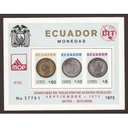 Ecuador Hojita Block 26 1974 Telecomunicaiones rurales UIT MOP Monedas MNH Ecuador Hojita Block 26 1974 Telecomunicaiones rurales UIT MOP Monedas MNH