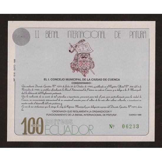 Ecuador Hojita Block 86 1989 II Bienal internacional de pintura MNH Ecuador Hojita Block 86 1989 II Bienal internacional de pintura MNH