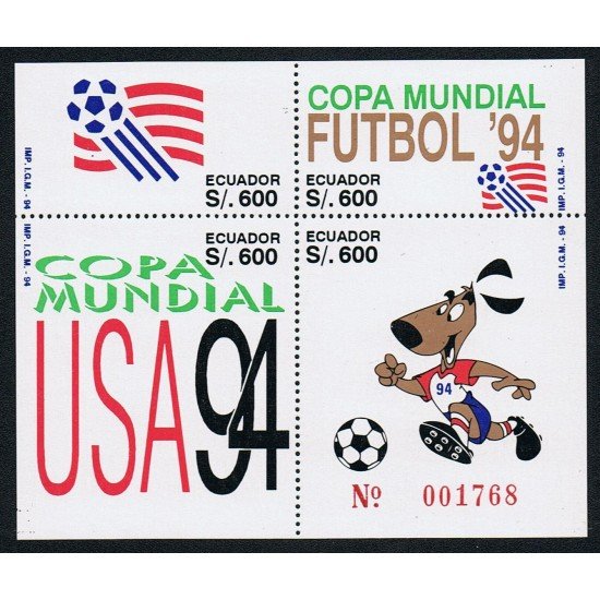 Ecuador Hojita Block 98 1994 copa Mundial Fútbol Football USA 94 MNH Ecuador Hojita Block 98 1994 copa Mundial Fútbol Football USA 94 MNH