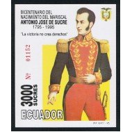 Ecuador Hojita Block 99 1995 Bicentenario nacimiento del mariscal Antonio José de Sucre MNH