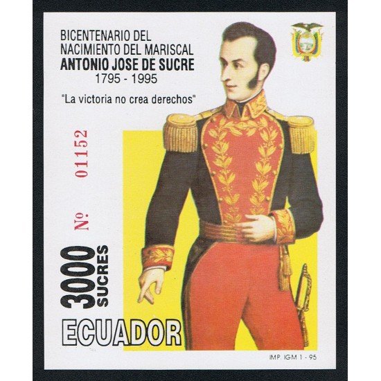 Ecuador Hojita Block 99 1995 Bicentenario nacimiento del mariscal Antonio José de Sucre MNH Ecuador Hojita Block 99 1995 Bicentenario nacimiento del mariscal Antonio José de Sucre MNH