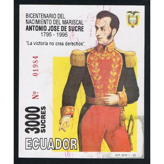 Ecuador Hojita Block 99 1995 Bicentenario nacimiento del mariscal Antonio José de Sucre Usado Ecuador Hojita Block 99 1995 Bicentenario nacimiento del mariscal Antonio José de Sucre Usado