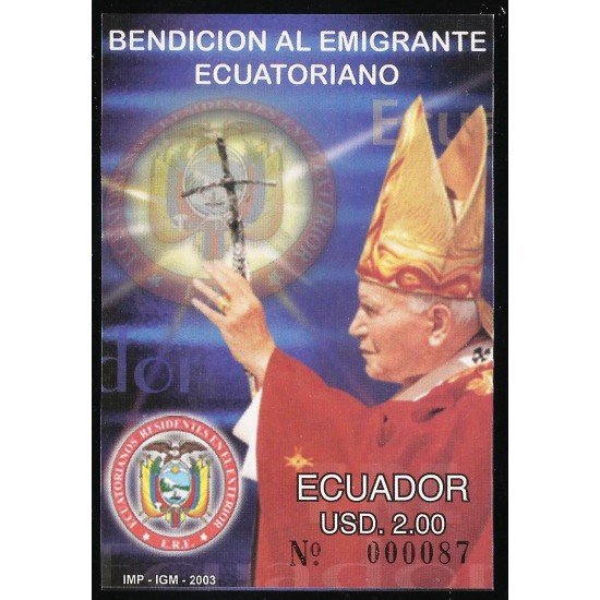 Ecuador Hojita Block 120 2003 Bendición al emigrante ecuatoriano Juan Pablo II Religión MNH Ecuador Hojita Block 120 2003 Bendición al emigrante ecuatoriano Juan Pablo II Religión MNH