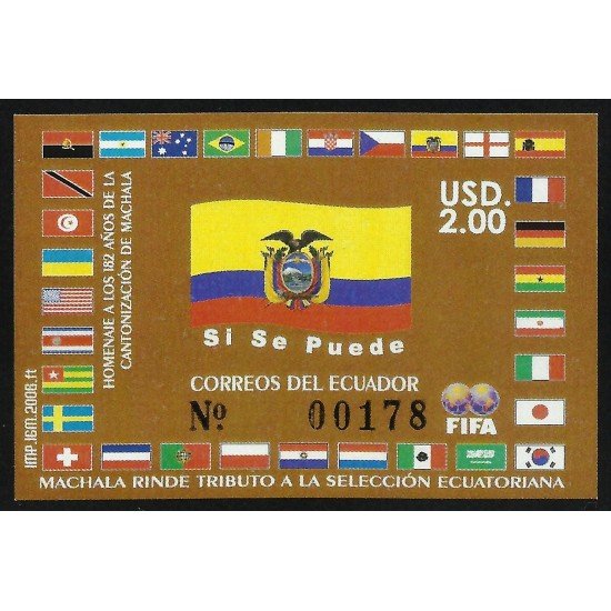 Ecuador Hojita Block 140 2006 Machala rinde tributo a la selección ecuatoriana fútbol football MNH