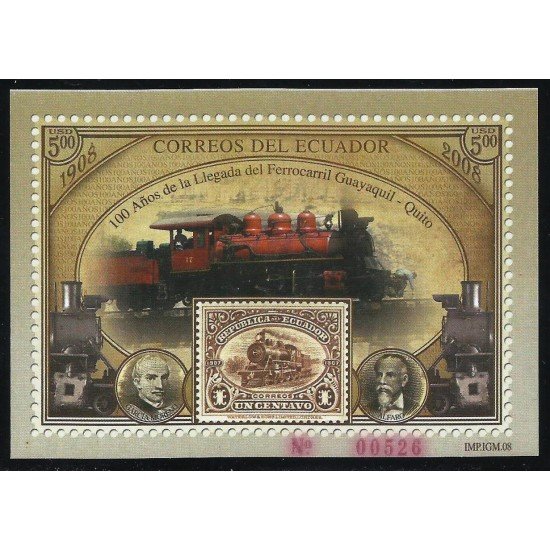 Ecuador Hojita Block 147 2008 100 Años de la llegada del Ferrocarri Guayaquil-Quito Tren train Railway MNH