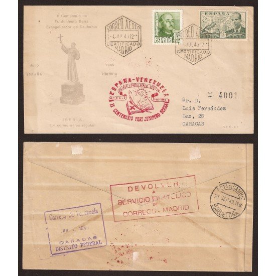 España Carta Nº 945 y 1021 Madrid a Caracas 1949 Primer Correo Aéreo Junípero España Carta Nº 945 y 1021 Madrid a Caracas 1949 Primer Correo Aéreo Junípero