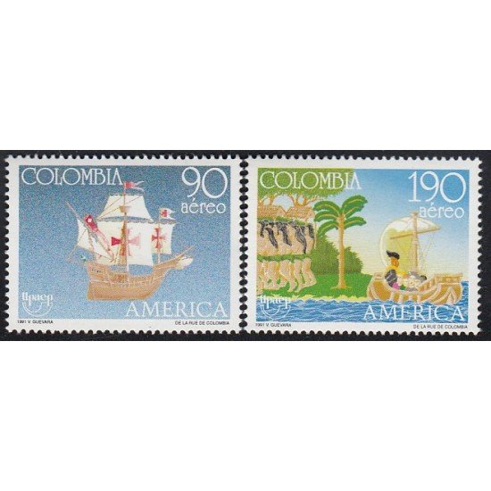 Upaep Colombia 838/39 1991 Colón carabela Sta María MNH Upaep Colombia 838/39 1991 Colón carabela Sta María MNH