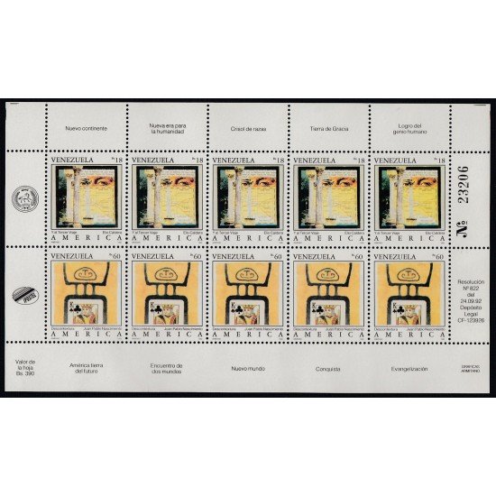 Upaep Venezuela 1601/02 1992 Mini hoja Y al 3er viaje Descontextura MNH Upaep Venezuela 1601/02 1992 Mini hoja Y al 3er viaje Descontextura MNH