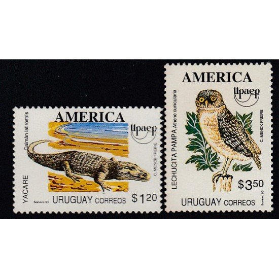 Upaep Uruguay 1463/64 1993 fauna Caiman latirostris Speotyto cunicularia MNH Upaep Uruguay 1463/64 1993 fauna Caiman latirostris Speotyto cunicularia MNH