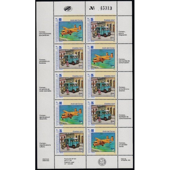 Upaep Venezuela 1719/20 1994 Mini hoja Camioneta y avión postal MNH Upaep Venezuela 1719/20 1994 Mini hoja Camioneta y avión postal MNH