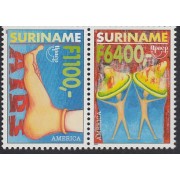 Upaep Suriname  1579E/F 1747/48 2000 VIH Sida AIDS Pie con preservativo Hombres protegiéndose MNH