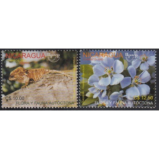 Upaep Nicaragua 2586/87 2003 flora fauna Corytophanes cristatus Guaiacum Sanctum MNH Upaep Nicaragua 2586/87 2003 flora fauna Corytophanes cristatus Guaiacum Sanctum MNH