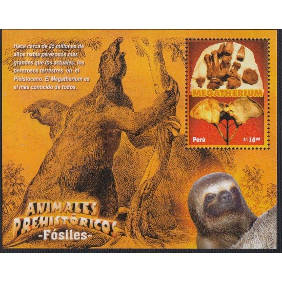 Perú Hojita block 40 2007 Animales prehistóricos fauna Fósiles Megatherium MNH Perú Hojita block 40 2007 Animales prehistóricos fauna Fósiles Megatherium MNH