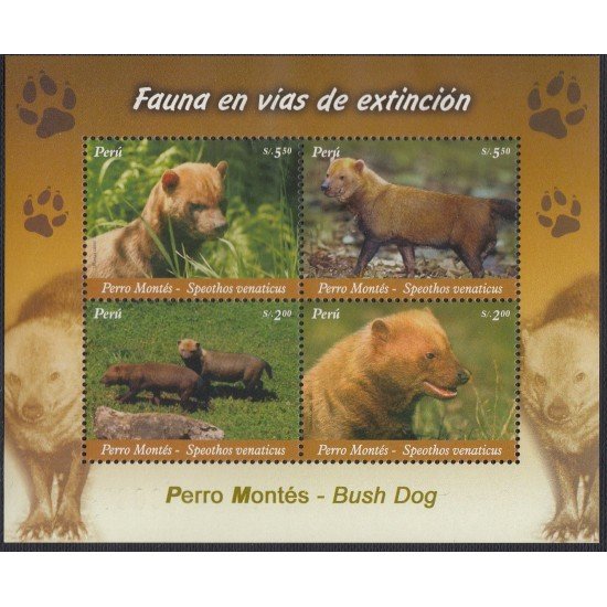Perú Hojita block 41 2007 Fauna en vías extinción perro montés Bush dog MNH Perú Hojita block 41 2007 Fauna en vías extinción perro montés Bush dog MNH