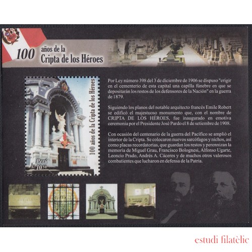 Perú Hojita block 47 2008 100 años de la Cripta de los Héroes  MNH