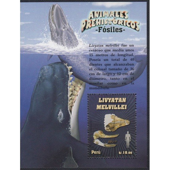 Perú Hojita block 63 2011 Animales Prehistóricos Fósiles fauna Livyatan Melvillei MNH Perú Hojita block 63 2011 Animales Prehistóricos Fósiles fauna Livyatan Melvillei MNH