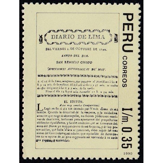 Perú 966 1992 Bicentenario del periódico Diario de Lima MNH Perú 966 1992 Bicentenario del periódico Diario de Lima MNH