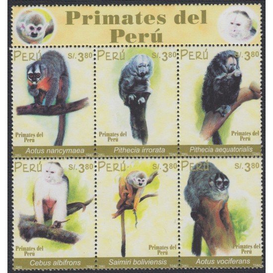 Perú 1318/23 2002 Primates del Perú fauna monkey MNH