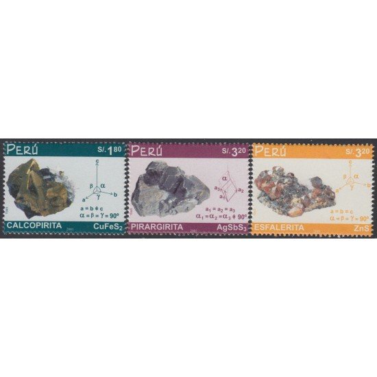 Perú 1324/26 2002 Minerales Calcopirita Pirargirita Esfalerita MNH