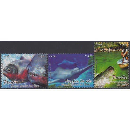 Perú 1454/56 2004 Fauna Delfín del Río Paiche Piraña MNH Perú 1454/56 2004 Fauna Delfín del Río Paiche Piraña MNH