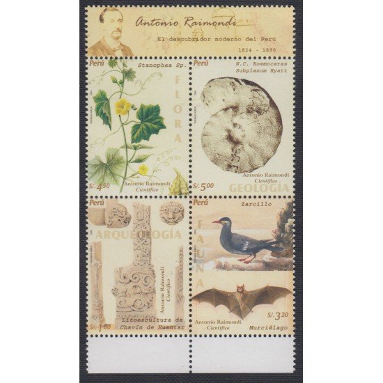 Perú 1500/03 2005 Antonio Raimondi El descubridor moderno fauna flora MNH Perú 1500/03 2005 Antonio Raimondi El descubridor moderno fauna flora MNH