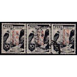 Perú A- 75/77 1949 Timbres de 1938 con sobretasas rojas verticales ferrocarriles Usado Perú A- 75/77 1949 Timbres de 1938 con sobretasas rojas verticales ferrocarriles Usado