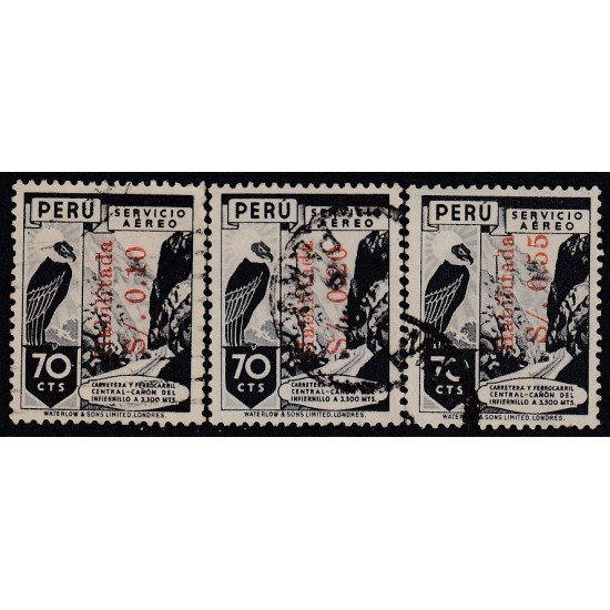Perú A- 75/77 1949 Timbres de 1938 con sobretasas rojas verticales ferrocarriles Usado Perú A- 75/77 1949 Timbres de 1938 con sobretasas rojas verticales ferrocarriles Usado