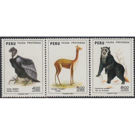 Perú A- 340/42 1973 Fauna protegida Oso Cóndor Vicuña MH Perú A- 340/42 1973 Fauna protegida Oso Cóndor Vicuña MH